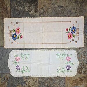 Bundle of 2 Embroidered Handmade Floral Table Runners Cotton Decorative Vintage